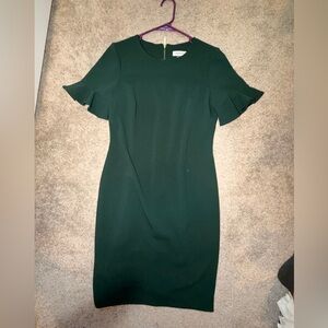 Calvin Klein Dark Green Midi Dress with Ruffle Sleeves